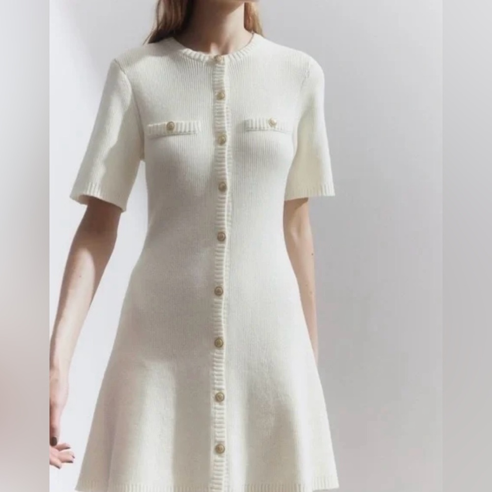 Cream Midi Sheath Dress Short Sleeve Work {H&M}